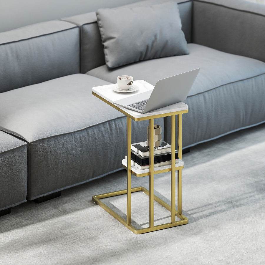 HOMCOM Beistelltisch in C-Form mit Stauraum, moderner Couchtisch und Nachttisch in Weiß mit Marmoroptik und Gold, B/T/H: 50 x 30 x 57,5 cm - Bild 2
