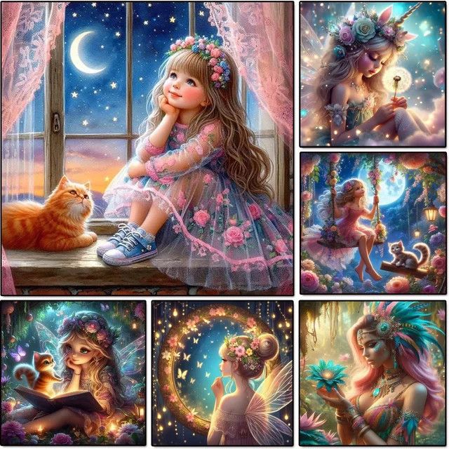 Potdemiel Diamant-Gemälde DIY Set mit Cartoon-Mädchen und Katze im Mond-Design als Mosaik-Kunstwerk für deine Heimdekoration - Bild 1
