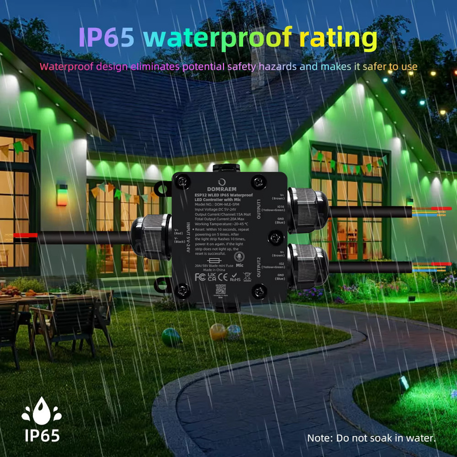 DOMRAEM ESP32 WLED adressierbarer 2-Kanal-LED-Controller in Schwarz mit integriertem Relais, Mikrofon für Musik-Synchronisierung und Alexa-Unterstützung, IP65 wasserdicht, kompatibel mit WS281X und SK6812 - Bild 2