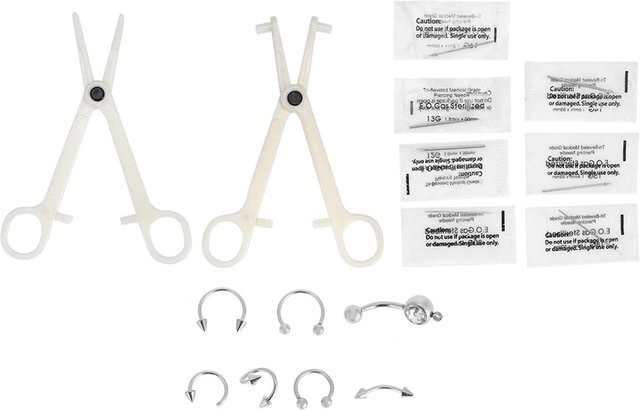 Body Piercing Kit, Zangen, Nadeln, Stecker, Ring, weiß, Unisex - Bild 1