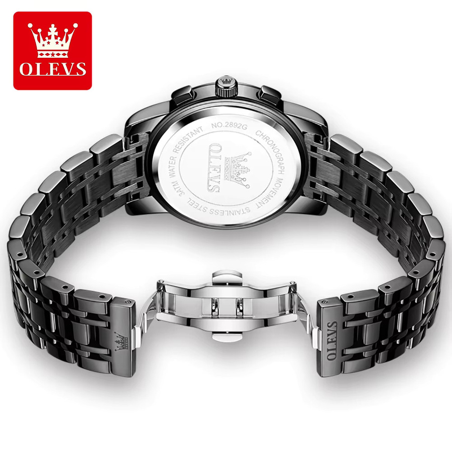 OLEVS Chronograph, Quarz, Edelstahl, Schwarz, Silber, Herren - Bild 2