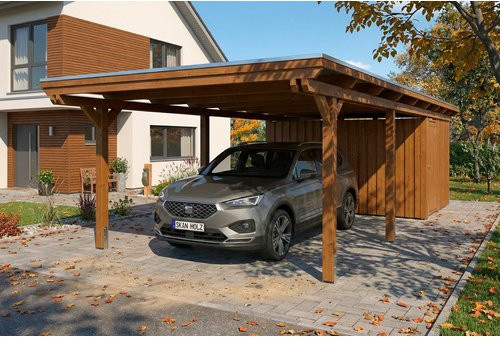 SKANHOLZ Carport Emsland aus Fichte mit EPDM-Flachdach und Abstellraum in Nussbaum Braun, B: 402 cm, L: 846 cm - Bild 1