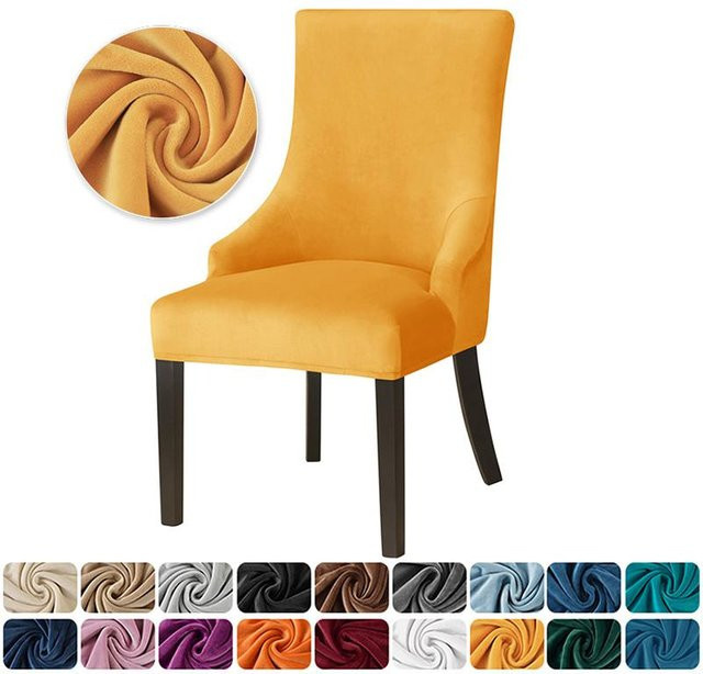 Nordischer Stretch-Sesselbezug für Hochlehner-Sessel in Gelb aus Samt-Polyester-Mix - Bild 1