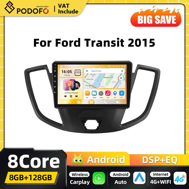 Podofo 2-DIN Android Multimedia-Player für Ford Transit mit Android Auto, Apple CarPlay, GPS, Bluetooth und WLAN in Schwarz - Bild 1
