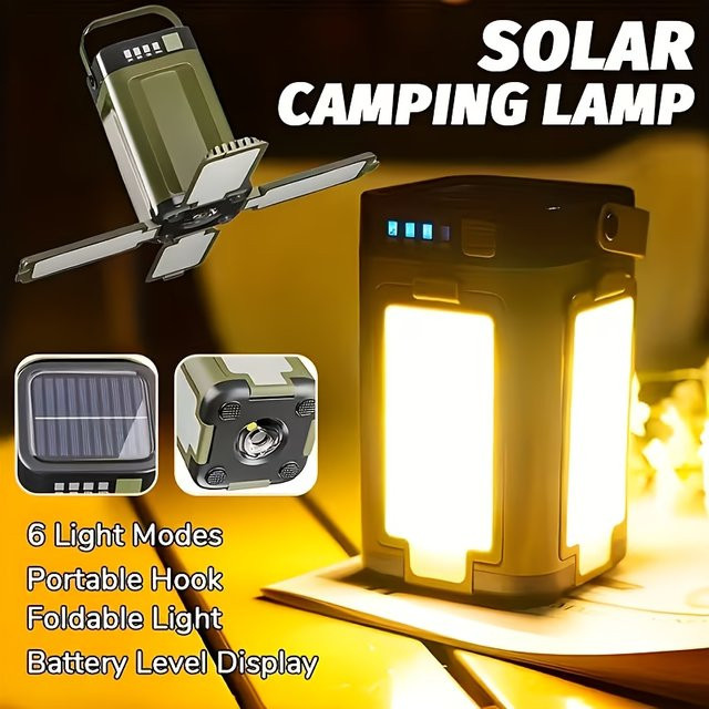 XIWANGFIRE Solarbetriebene Tragbare Campinglampe mit 2000mAh Powerbank, Faltbare Hängezeltlampe mit Intelligentem Display in Grün und Weiß - Bild 1