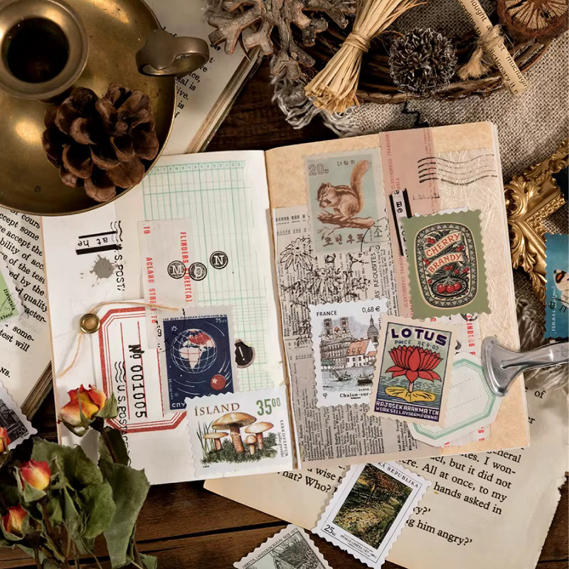 Vintage Collage Stempel Aufkleber Set mit Pflanzen, Ölgemälden sowie Sternen und Mond für deine DIY Dekoration, Mehrfarbig - Bild 3