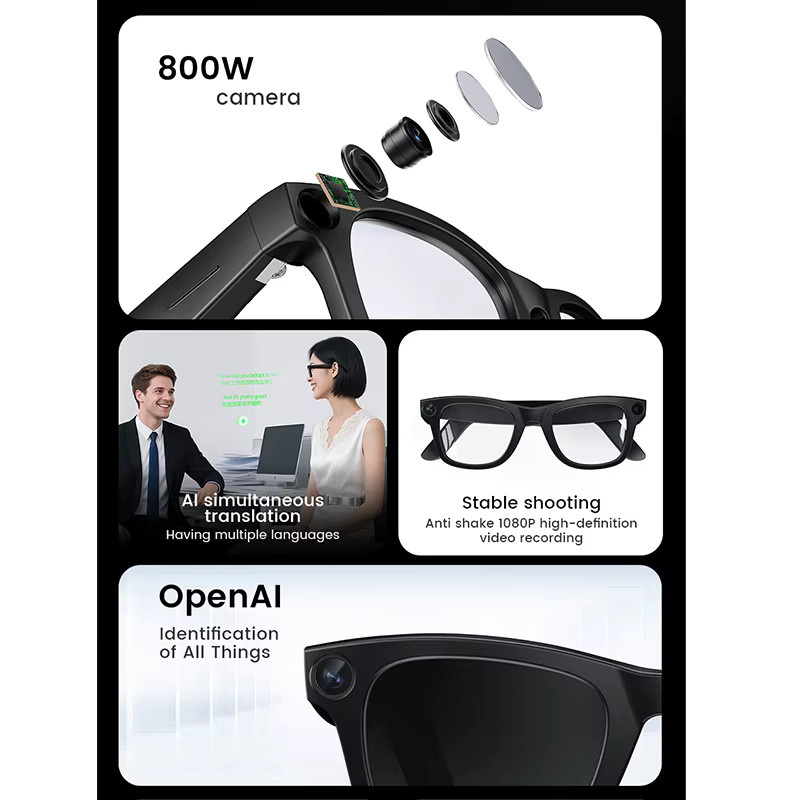 KI-Smartbrille mit 800W Kamera, KI-Übersetzung, Fotoerkennung und 32 GB Speicher in Schwarz - Bild 3