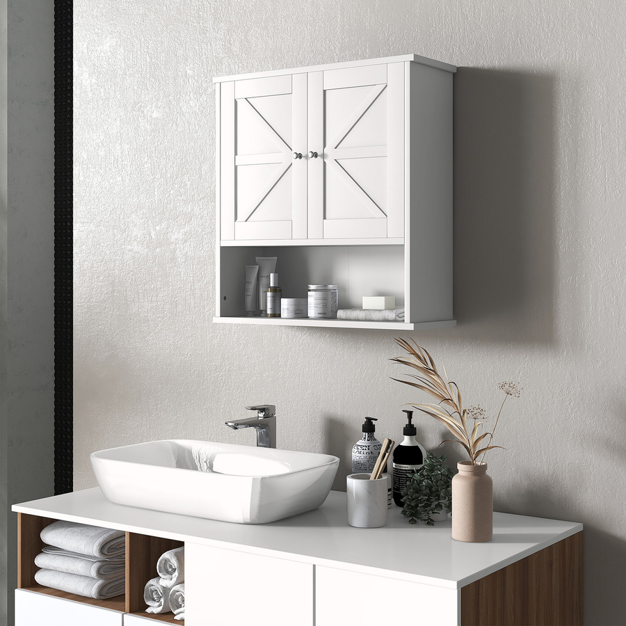 Kleankin Wandschrank für Badezimmer und Küche, rustikaler Hängeschrank in Weiß mit 2 Türen und verstellbarem Regal - Bild 2