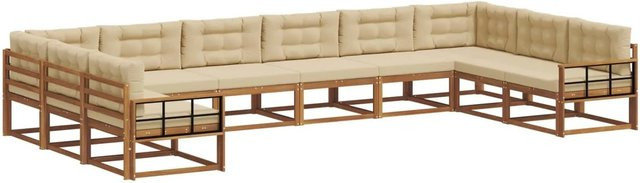 vidaXL Outdoor-Sofagarnitur aus massivem Akazienholz in U-Form, 10-teiliges Set mit Kissen in Natur und Beige - Bild 1