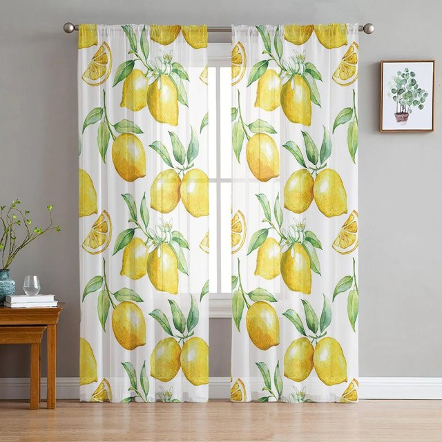 Transparente Tüll-Vorhänge mit Zitronenblättern und Blumen in Multicolour, Organza-Voile für Wohnzimmer und Küche, Breite: 135 cm, Höhe: 115 cm - Bild 1