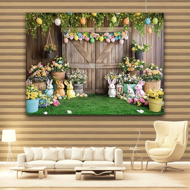 VIKAMA Osterhase Wanddekoration mit Frühlingsmotiv und Blumen-Fotografie-Hintergrund in Multicolor - Bild 1