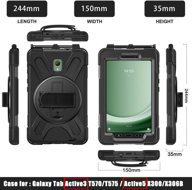 Robuste Schutzhülle für Samsung Galaxy Tab Active 3 und Active 5 mit Schwenkständer und Handschlaufe in Schwarz - Bild 1