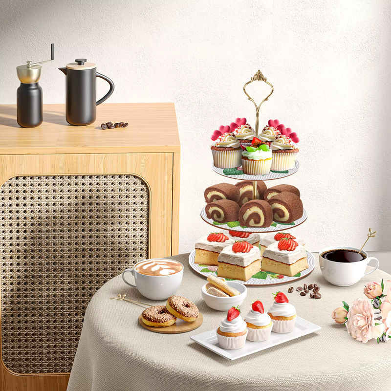 3-lagiges Diamant-Kunst-Kuchenregal Set mit floralem Rosenmuster in Rosa und Mehrfarbig aus Kunststoff - Bild 3