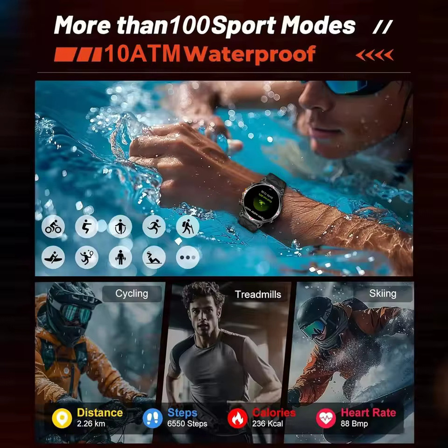 GUHUAVMI Militär-GPS-Sport-Smartwatch für Herren mit AMOLED-Bildschirm, Kompass, Höhenmesser, 10ATM Wasserdichtigkeit und drahtloser Anruffunktion in Orange oder Schwarz - Bild 3