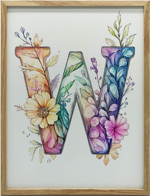 Poster Buchstabe W mit Blumen von Marcin Zbijowski, Multicolor, B/H: 30 x 40 cm, mit schwarzem Aluminiumrahmen - Bild 1