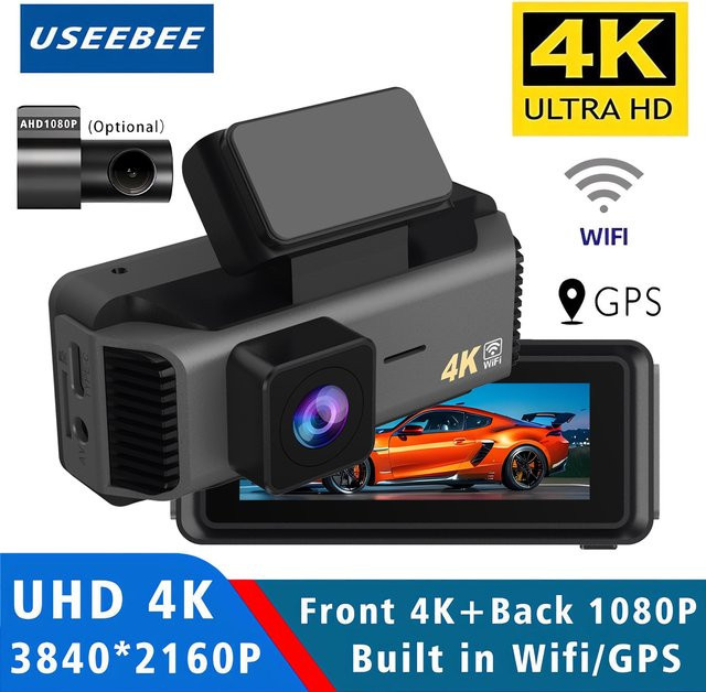 USEEBEE Auto-DVR Dashcam mit 4K 2160P Auflösung, Dual-Objektiv, Wi-Fi und GPS in Schwarz - Bild 1