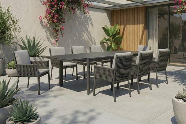OUTFLEXX Garten-Essgruppe aus Aluminium und Polyrattangeflecht in Anthrazit mit ausziehbarem Tisch und 8 Sesseln, Tisch B: 180-270 cm, T: 100 cm - Bild 1