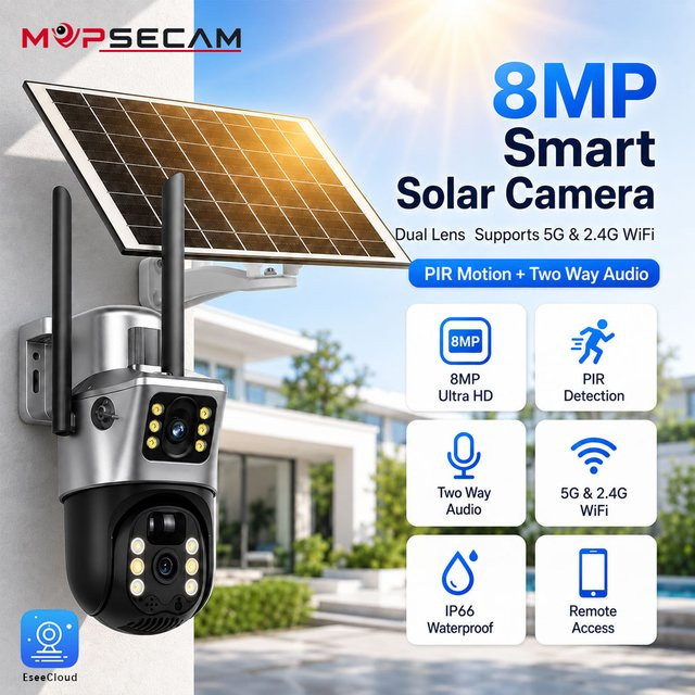 MvpSecam 8MP Dual-Objektiv Solar-WLAN-Überwachungskamera für den Außenbereich mit PTZ, 5G/2.4G Dual-Band WLAN, PIR-Bewegungserkennung und Zwei-Wege-Audio, IP66 Wasserdicht - Bild 1