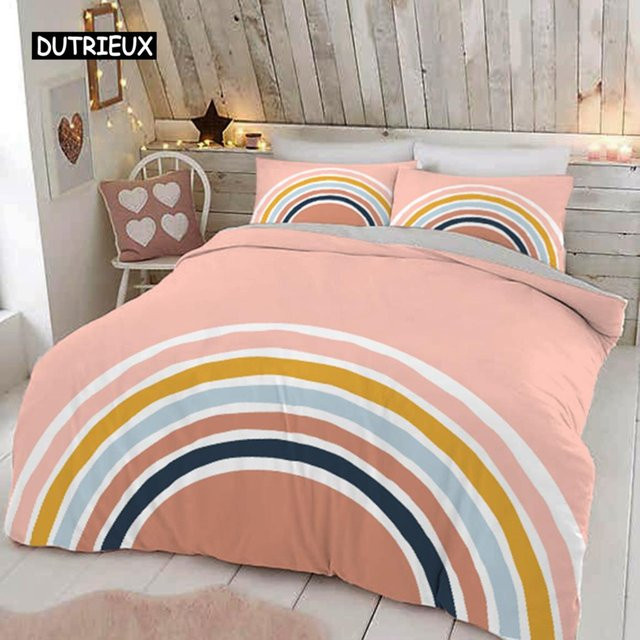 Regenbogen Bettwäsche Set für Baby und Kinder von Binchi Outdoor Product in Pastellfarben mit Kissenbezügen und Reißverschluss, B/H: 150 x 210 cm - Bild 1