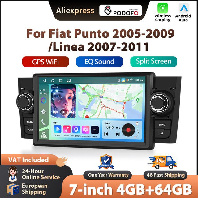 Podofo 7 Zoll Wireless CarPlay Autoradio für FIAT Punto 2005-2009 und Linea 2007-2011 mit Android, GPS, Bluetooth und FM/RDS in Schwarz - Bild 1