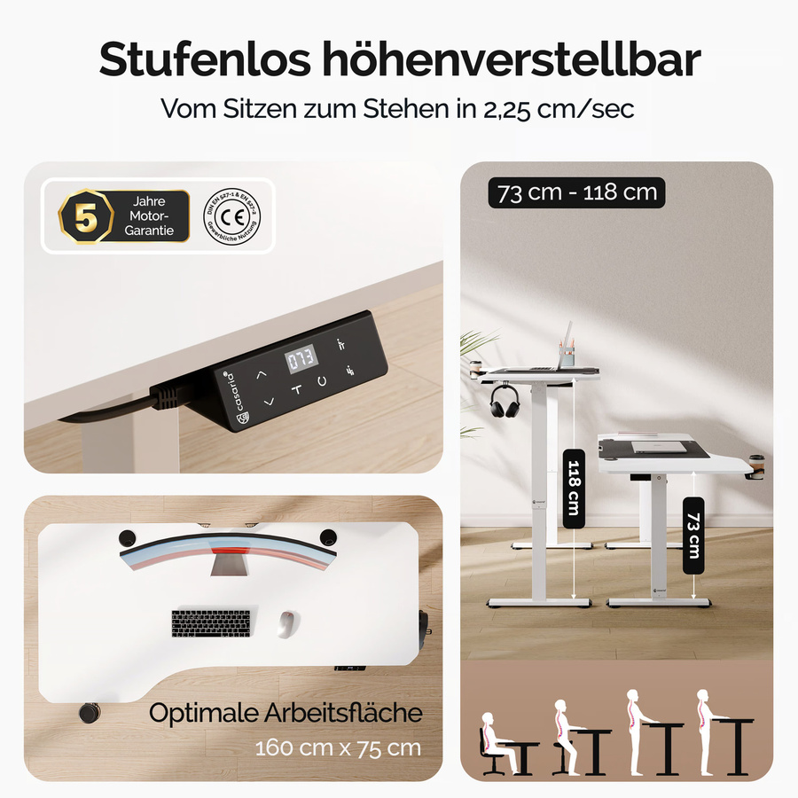 Casaria elektrischer höhenverstellbarer Schreibtisch in Weiß mit Stahlgestell B/T/H: 160 x 75 x 73-118 cm - Bild 2