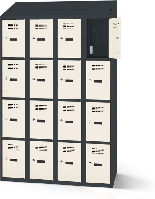 rotstahl Fächerschrank mit Ladefunktion und 16 Fächern in Weiß mit anthrazitgrauem Korpus, B: 120 cm, H: 200 cm - Bild 1