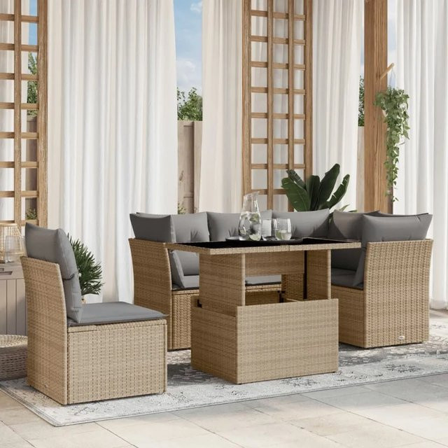 vidaXL 6-tlg Garten-Sofagarnitur aus Poly-Rattan mit Kissen in Beige - Bild 1