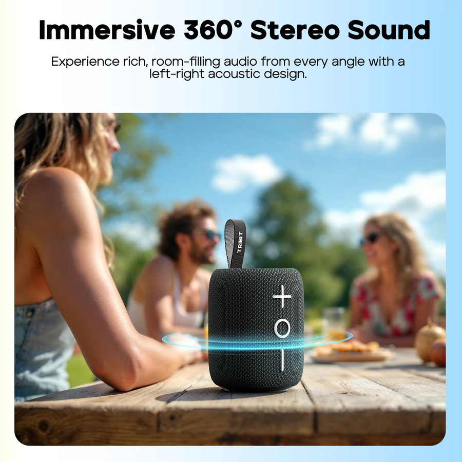Tribit StormBox Mini+ Bluetooth-Lautsprecher mit 12W Leistung, 360° Surround Sound, RGB-Beleuchtung und IPX7 Wasserschutz in Schwarz - Bild 3