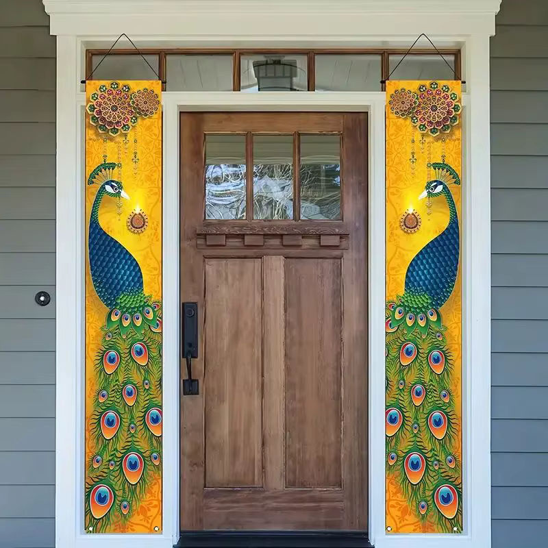 VIKAMA 2er Set Lantern Festival Gateway Banner mit Pfau-Motiv, orientalische Willkommensschilder zur Partydekoration, mehrfarbig und weiß, H: 180 cm, B: 30 cm, T: 30 cm - Bild 6
