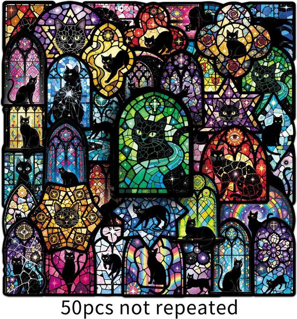 50 Stück Buntglas- und schwarze Katzenaufkleber im Cartoon-Stil von LanLanStickersWorld, Multicolor - Bild 1