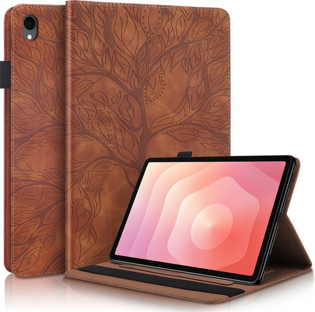 Samsung Galaxy Tab S11 Hülle mit geprägtem Baum-Design als Brieftaschen-Standhülle für 11 Zoll (2025) SM-X730 X736B in Braun und Rot - Bild 1