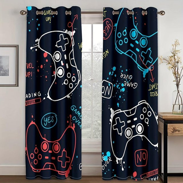 2er-Set Gaming Vorhänge mit 3D-Gamepad-Design für das Kinderzimmer, halbtransparent, Mehrfarbig, Breite: 150 cm, Höhe: 166 cm - Bild 1