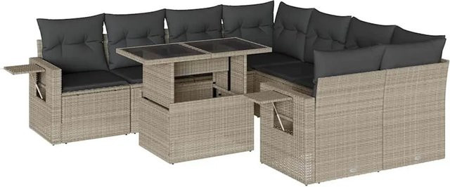 vidaXL 9-tlg. Garten-Sofagarnitur aus Poly-Rattan mit Kissen in Hellgrau - Bild 1