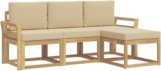 vidaXL Outdoor-Sofagarnitur 4-teilig aus Akazienholz in Beige und Weiß mit L-Form und Polstern - Bild 1