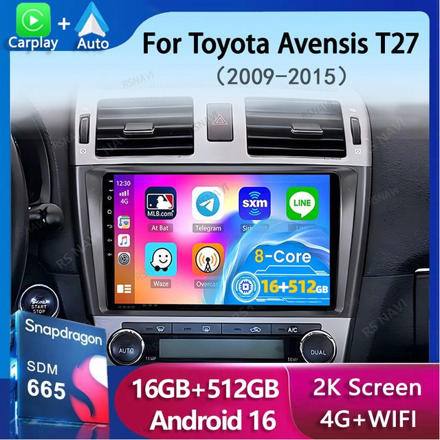 RSNAVI Android 16 Autoradio für Toyota Avensis T27 2009 - 2015 mit Navigation GPS Multimedia Player Stereo WLAN 4G Carplay in Schwarz - Bild 1