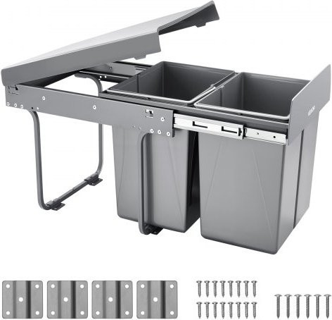 VEVOR Ausziehbarer Doppel-Mülleimer für Küchenschränke, grauer Abfallbehälter zur Untermontage mit Metall-Schiebesystem und Griffen, 2 x 20 l - Bild 1