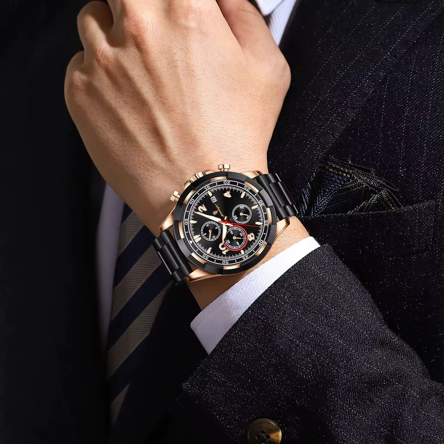 POEDAGAR Armbanduhr Chronograph, Quarz, Edelstahl, Schwarz, Herren - Bild 5