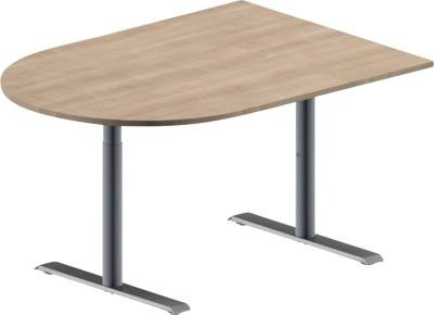 Schäfer Shop Genius Konferenztisch MODENA FLEX als Halbkreis mit T-Fuß Rundrohr in Eiche-Dekor und Weißaluminium, B: 140 cm, T: 100 cm, H: 65-85 cm