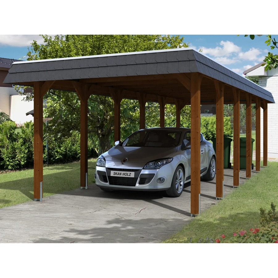 Skan Holz Carport Spessart in Nussbaum mit schwarzer Blende, B/T: 345 x 893 cm, Firsthöhe: 241 cm - Bild 2