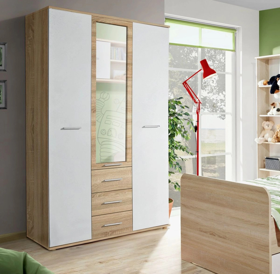 Kleiderschrank Superior 3-türig in Weiß und Eiche mit integrierten Schubladen und Spiegel, B/T/H: 135 x 55 x 190 cm - Bild 2
