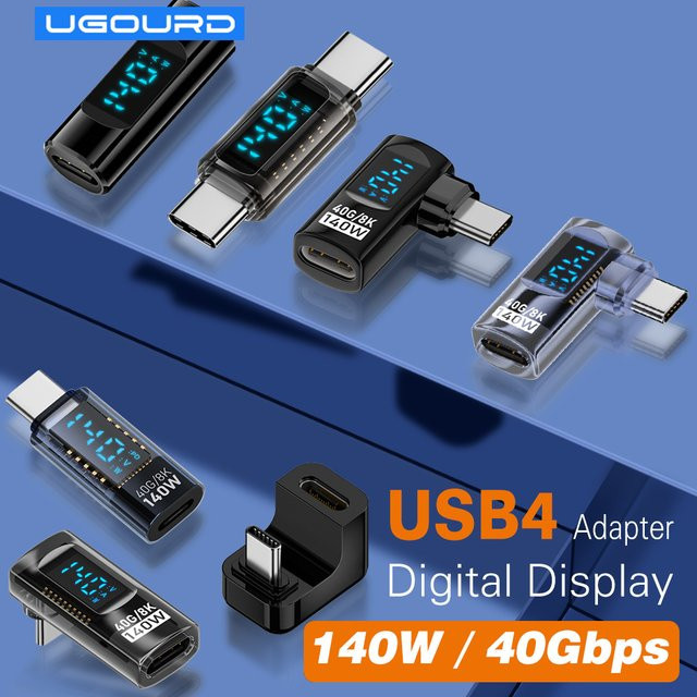 UGOURD 90-Grad USB-C Adapter, rechtwinkliger USB4 Typ-C Adapter mit LED-Anzeige, 40 Gbit/s, PD 140 W und 8K-Unterstützung für Thunderbolt 3/4, Schwarz - Bild 1