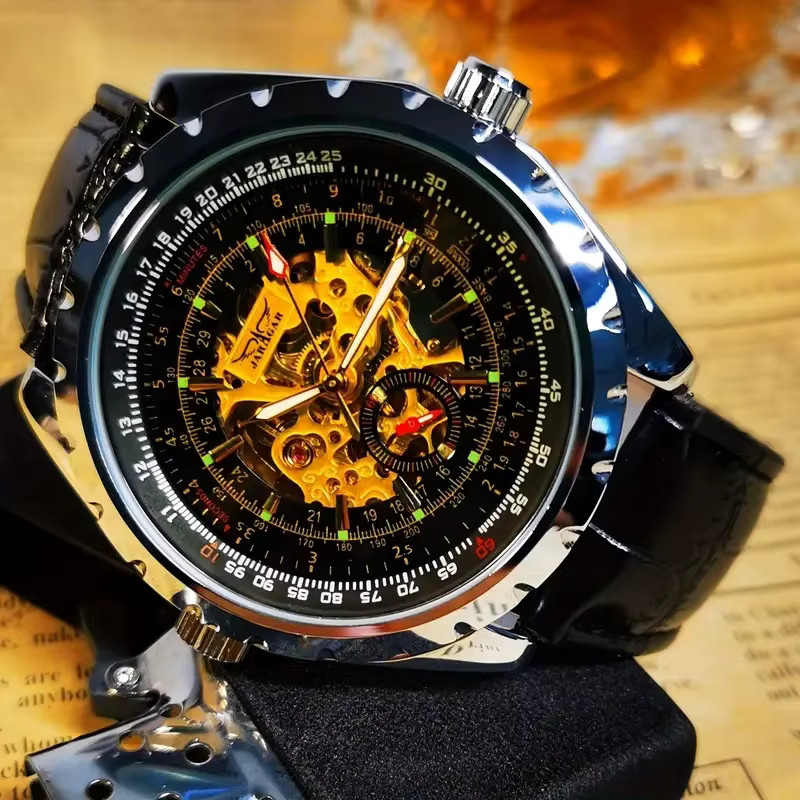 AOKULASIC Armbanduhr Automatik, Edelstahl, Leder, Schwarz, Herren - Bild 4