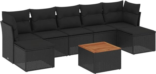 vidaXL 8-tlg Garten-Sofagarnitur L-Shape aus Polyrattan und Akazienholz mit Kissen in Schwarz - Bild 1
