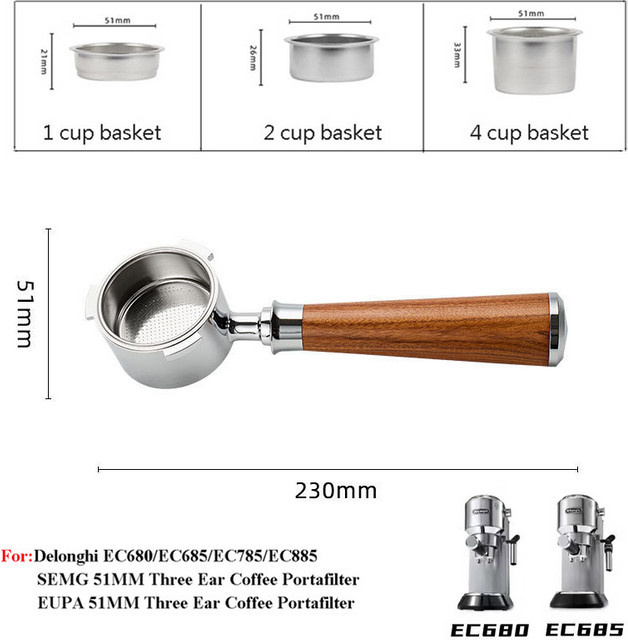 Bodenloser Siebträger für Delonghi EC680/EC685 in Braun und Silber mit 51 mm Espresso-Griff und 1/2/4 Tassen-Ersatzfilterkorb - Bild 1
