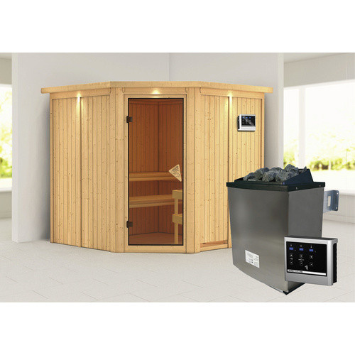 Karibu Sauna Vöru in Beige mit 9 kW Saunaofen und externer Steuerung für 4 Personen, B/H/T: 210 x 202 x 210 cm - Bild 2
