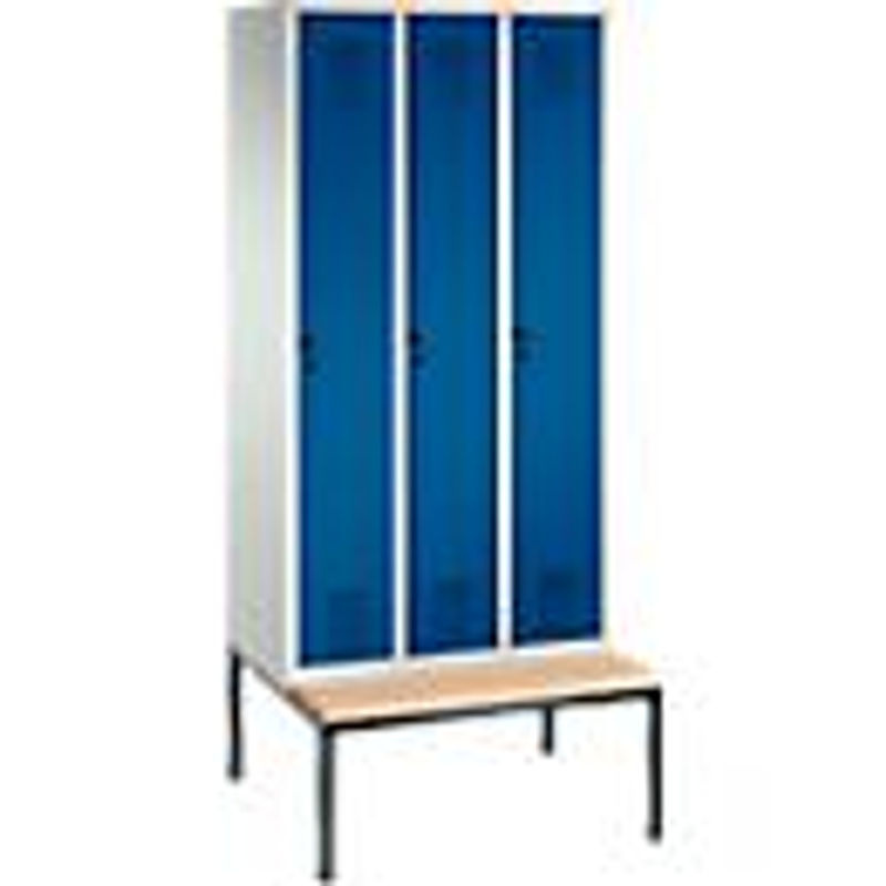 C + P Garderobenspind Evolo S 3000 aus Stahl mit integrierter Sitzbank, 3 Abteile mit je Breite: 30 cm, Sicherheitsdrehriegelverschluss, Lichtgrau RAL 7035 und Enzianblau RAL 5010 - Bild 2