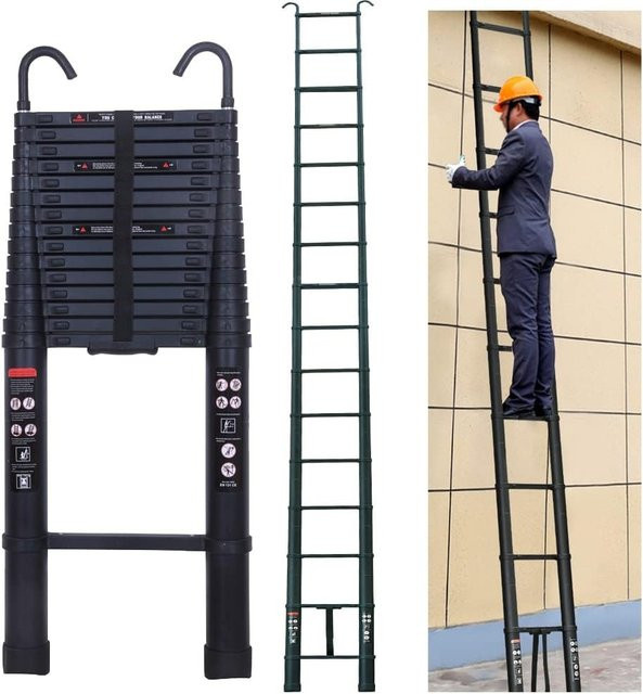 Teleskopische Aluminium Leiter mit 2 abnehmbaren Haken in Schwarz, 6,2 m Länge, Tragkraft 150 kg, EN131 zertifiziert - Bild 1