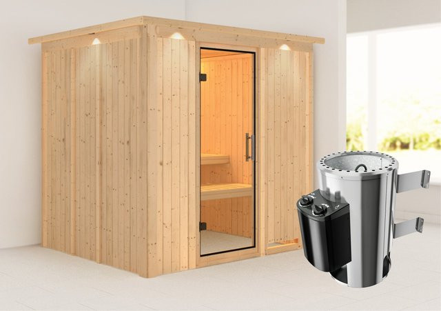 Karibu Sauna Dilja Modern aus Fichte mit Ofen, integrierter Steuerung und LED-Dachkranz in Anthrazit und Braun - Bild 1