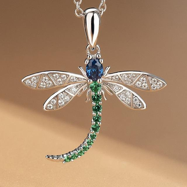 Halskette Libelle Anhänger, 925 Silber, Zirkonia, grün, Damen - Bild 1