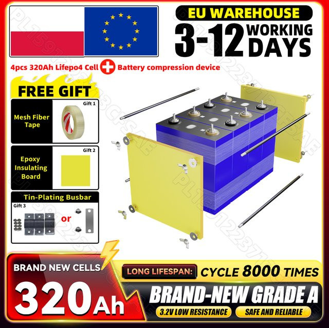 Sicksun 4er Set LiFePO4-Batterien 3,2V 320Ah mit Kompressionsbefestigung und Montage-Kit, Klasse A Lithium-Eisenphosphat-Zellen für Camping, Wohnmobile und Boote - Bild 1
